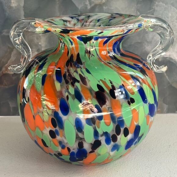 Vintage Hand Blown Art Glass Comfety Spotted Heavy Vase 2 Handles - Picture 5 of 16